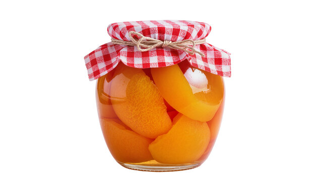Glass jar of preserved peach slices with red checkered lid, isolated on transparent background
