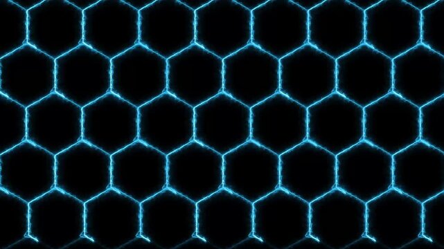 Glowing blue hexagonal grid pattern on black. Hexagonal grid symbol for futuristic digital design. Digital hexagonal grid animation for tech concept.