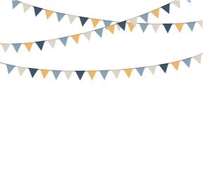 Fototapeta premium Guirlandes de fanions festifs aux couleurs douces sur fond blanc. Idéal pour invitation, carte, affiche, anniversaire, fête, événement ou décoration.