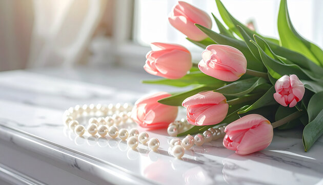 Pink tulips and pearls on marble