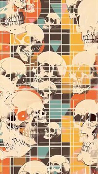 vertical seamless pattern with skulls and geometric shapes on a grid seamless loop vintage anime style animation