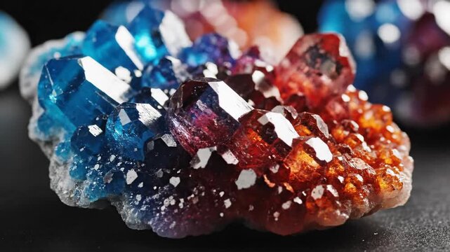Macro view of a multi-colored crystalline cluster featuring bright blue and reddish-orange faceted crystals with light reflecting on sharp geometric surfaces against a dark background.