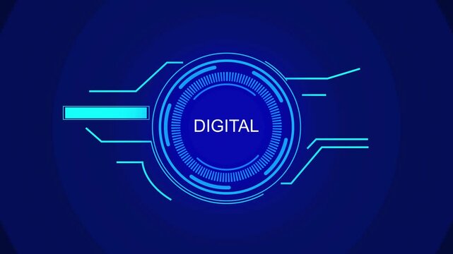 Digital text on blue futuristic HUD circle. Digital text symbol for technology and data metrics. Digital digital text animation for tech interface.