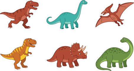 Cute Dinosaur Cartoon Character Vector Illustration Set with Tyrannosaurus Rex Triceratops Brachiosaurus and Pterodactyl Symbols © Lipi
