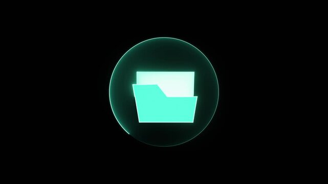 Glowing cyan folder icon in circle on black. Cyan folder symbol for digital data and file storage. Digital cyan folder animation for technology interface.