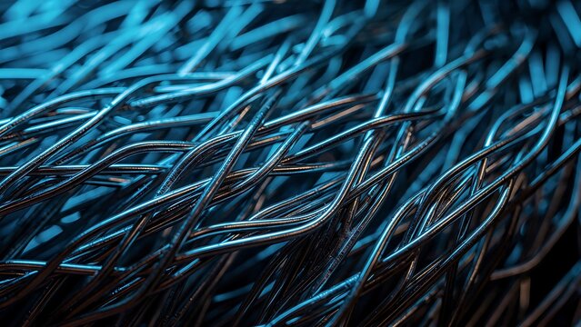 Detailed macro of tangled copper wire strands with futuristic metallic texture and blue industrial lighting