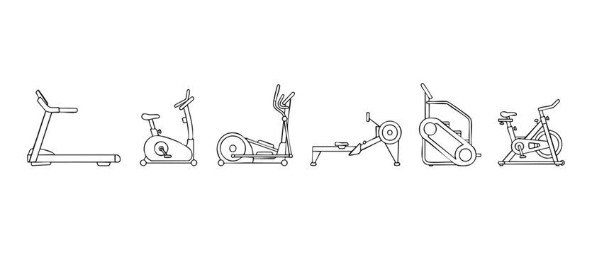 Gym exercise equipment line icons, cardio training machines collection for fitness center, treadmill, stationary bike, elliptical, rower and stair climber vector set on white background for health app