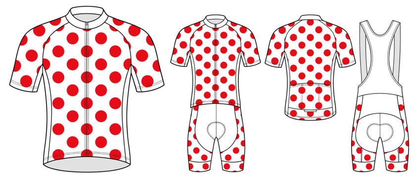 Red polka dot cycling jersey design template, white short sleeve bicycle uniform with transparent background vector illustration