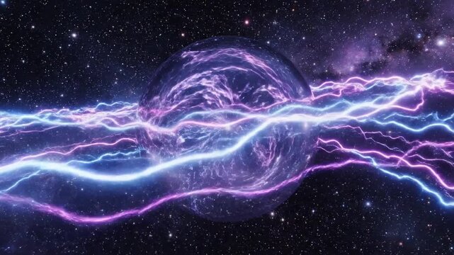 A glowing transparent glass sphere with a bright white central core light source, surrounded by swirling blue and magenta electric plasma energy arcs in deep space starfield.