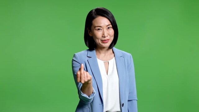 Asian businesswoman gesturing come here on green screen background, gesture beckoning