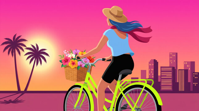 Flat vector illustration from a back view of a woman with long blowing hair riding a cruiser bicycle with a basket of tropical flowers toward a modern city skyline at sunset.