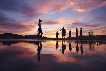 Fototapeta premium Group of women athletes standing together at sunset. Silhouette of sporty girls relaxing after training session outdoor. Fitness community, wellness lifestyle and healthy habit concept.