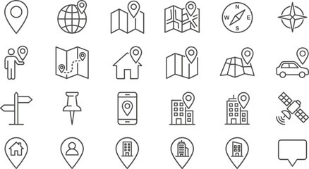 Map Location and Navigation Line Icon Set with Pin Pointer Compass and GPS Direction Symbols © Lipi