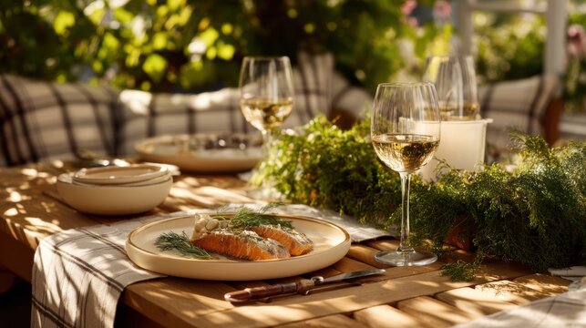 Salmon fillet served on outdoor wooden table with glass of white wine. Elegant dinner setting in sunny garden. Fresh gourmet seafood dish for summer celebration and romantic meal.