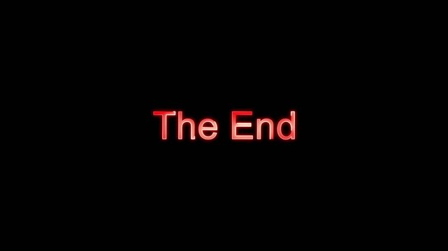 Glowing red text the end on black background. Red text symbol for movie closing and finale. Digital red text animation for video production.