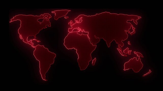 Red neon world map on dark background global. Red neon world map for international data warning. Digital red neon world map animation for earth.