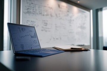 Obraz premium Laptop showing business data charts on screen in office. Market research analysis and financial report on computer. Strategic planning and professional data visualization in workspace.