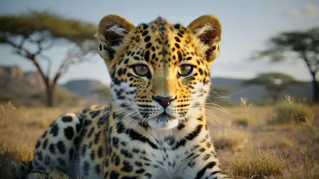 Portrait of a young leopard cub resting in the African savanna