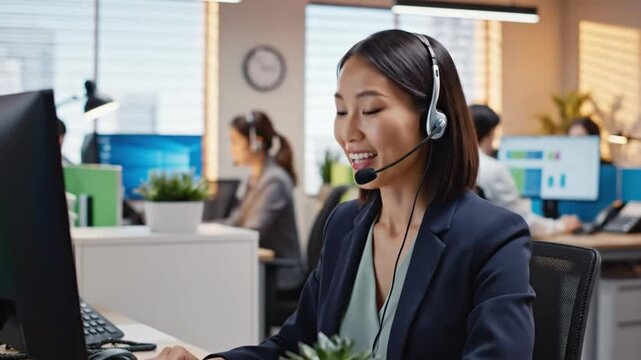 Friendly Asian Woman Working at Modern Office Desk with Headset Helping a Customer at Work