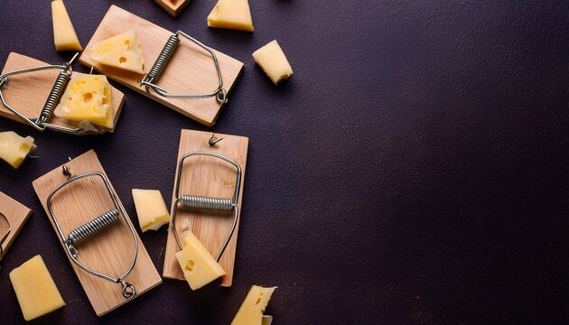 multiple mouse traps with cheese on a dark background