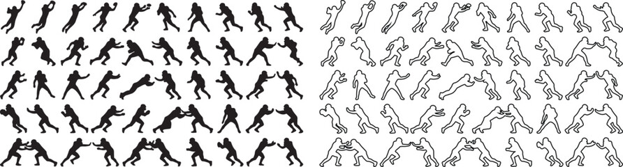 American football player silhouettes set, athletic sportsman action poses vector collection, black solid and outline football figures for sports design © newez