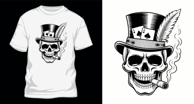 Skull top hat cigar t shir design vintage style.