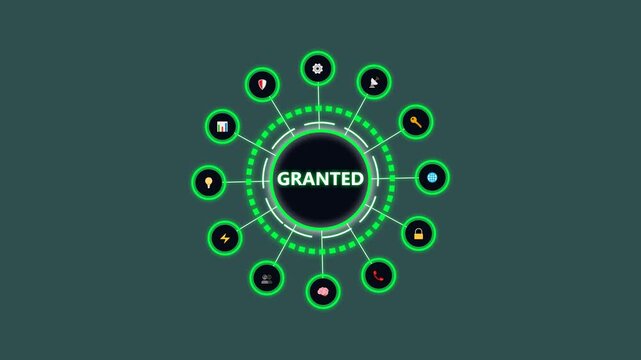 access granted interface with glowing green hud elements and various security icons.