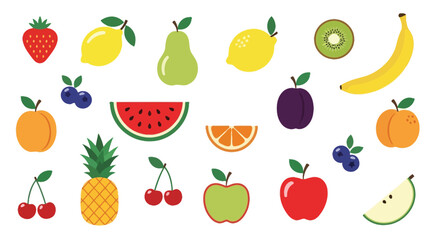 Obraz premium Assortment of colorful, flat-style fruit on a white background, strawberry lemon pear kiwi banana