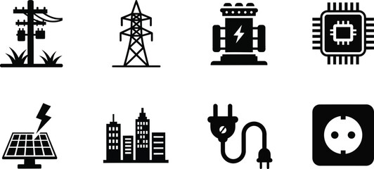 Obraz premium Collection of black and white representing electricity and technology: power pole, pylon, generator, cpu, solar panel, cityscape, plug, and socket