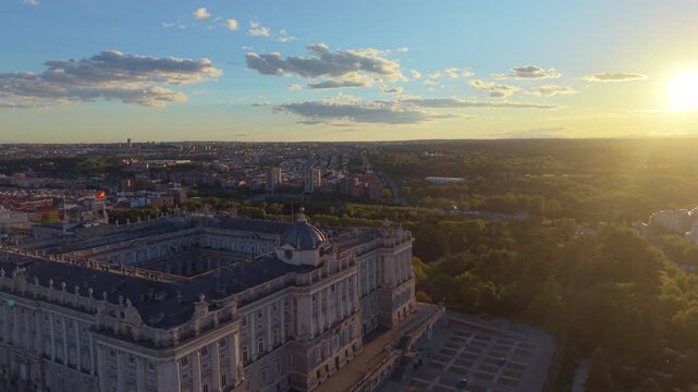 Aerial view of Royal Palace. Madrid. Spain. Medieval Buildings Landscape. Santa Maria Cathedral.