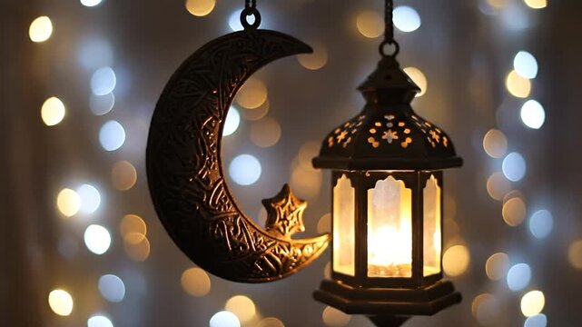 Intricate golden crescent moon ornament featuring detailed filigree patterns and a hanging decorative star, positioned against a dark background for Islamic holiday celebrations.