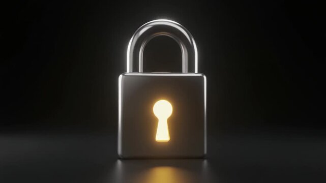 A close-up of a shiny metal padlock with a glowing keyhole, representing security and privacy in a dark environment