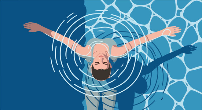 Stylized overhead illustration of a man wearing a swim cap and goggles floating on his back in a blue swimming pool with arms outstretched and water ripples