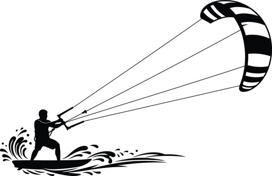 Kitesurfer in action, silhouette on water with parachute kitesurfing water sports