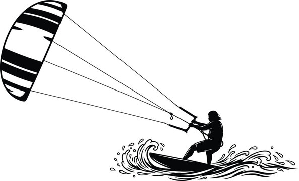 Kitesurfer on wave, black silhouette on white background, kitesurfing parasailing