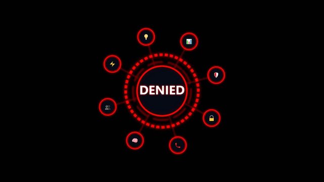 Access denied digital interface showing a red security alert with icons on black bg.