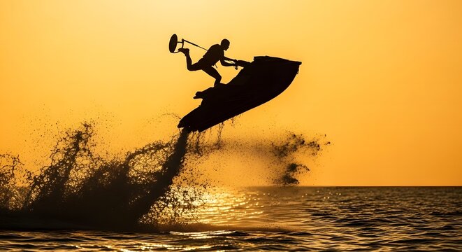 A silhouette of a person performing an extreme stunt on a jet ski at sunset.