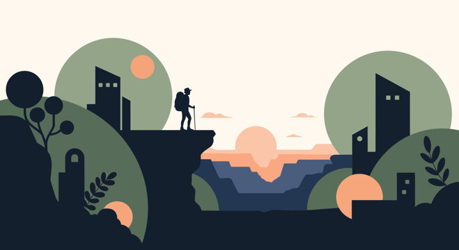 Hiker silhouette on cliff edge overlooking stylized mountain landscape