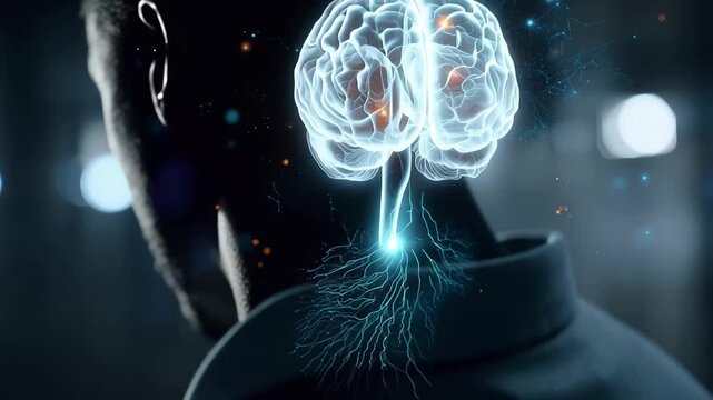 Thoughts and ideas inside a mind represented by glowing brain imagery in a dark setting during the day or night