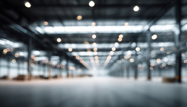 Modern Industrial Warehouse With Blurred Image, Empty Space, And Lights - Perfect For Commercial And Industrial Use.