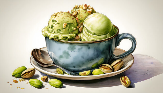 Pistachio ice cream scoops in a blue ceramic cup with nuts