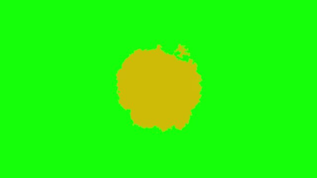 Expanding circular colored stain, digital animation of an irregular concentric shape, on a white background and green chroma key for transparency, 4K footage.