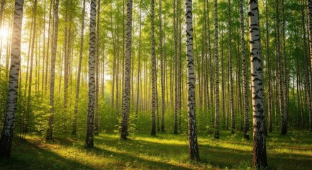Fototapeta premium Beautiful birch forest with tall trees and bright sunlight shining through the green leaves in a peaceful nature landscape during the summer season