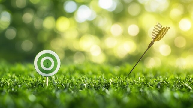 A target and an arrow in a grassy setting, symbolizing focus and achievement.
