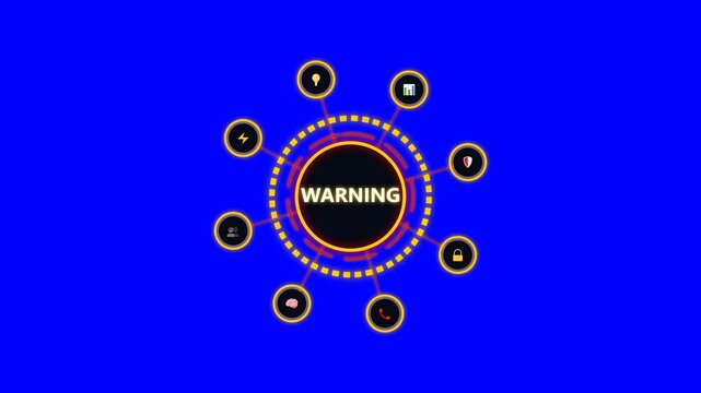 Warning digital hud interface with rotating icons and symbols over blue backgrounds.
