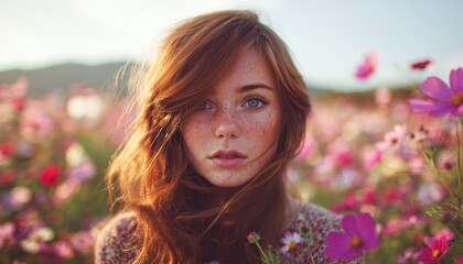 Naklejka premium Stunning Beauty In A Cosmic Flower Field Bathed In The Sunlight, Embodying Freedom And Vintage Vibes.