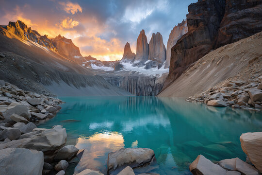 Torres del Paine, Chile. Majestic Granite Spires Reflected In Patagonian Lake.