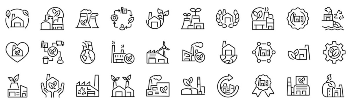 Set of 30 outline icons related to eco factory. Linear icon collection. Editable stroke. Vector illustration