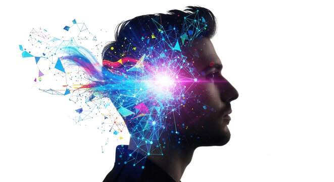 Profile of a man with a glowing digital brain, featuring blue and purple light particles, geometric network lines, and abstract data