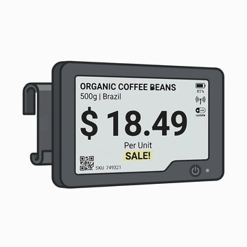 Digital shelf label displaying Organic Coffee Beans for $18.49, with sale and QR code. Features connectivity icons and battery indicator.